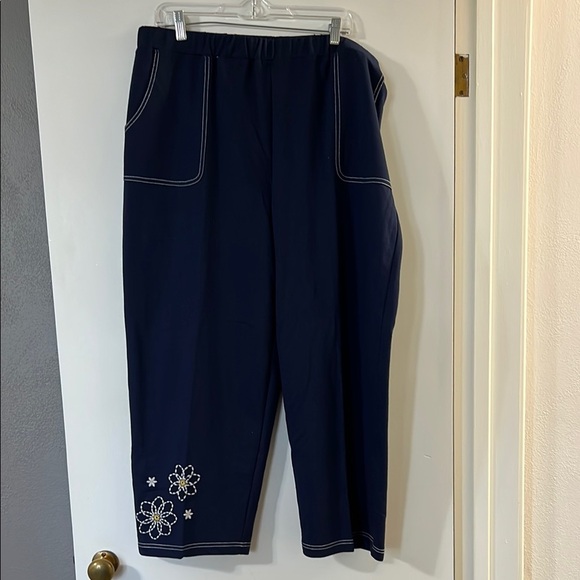 Alfred Dunner Navy Pants with Floral Embroidery - Picture 1 of 9